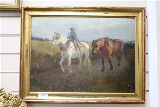 Frederick Hall (1860-1948), OILEOGRAPH, farmer returning at sunset, 40 x 55cm